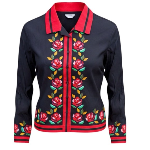 Kate Spade New York Tops - Kate Spade New York Sz XS Rose Border Silk Blend Shirt Black Red Floral K9704